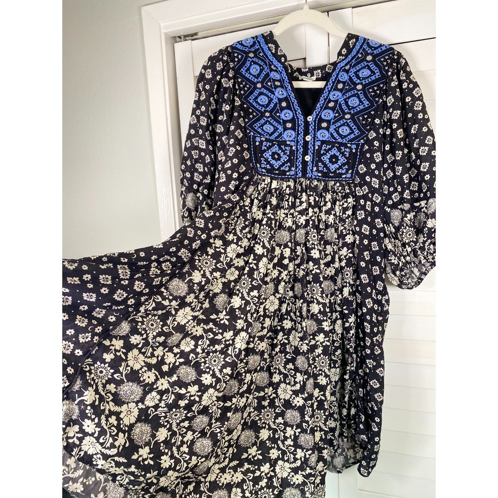 Sundance Lana Blue/Blac Prairie Dress Floral  Embroidered Peasant Boho Western M